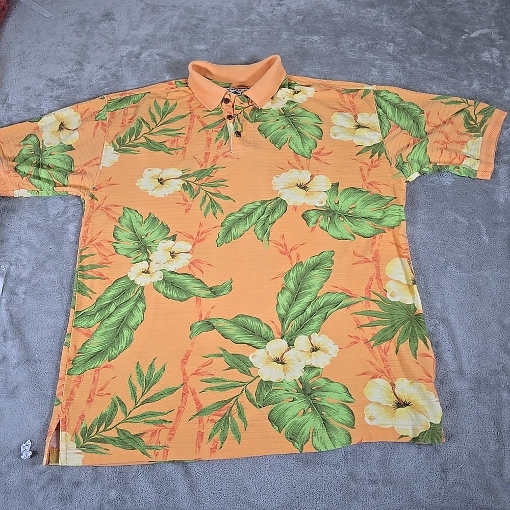Caribbean Joe‎ Shirt Mens L  Floral Hawaiian Short Sleeve Pullover Polo Casual